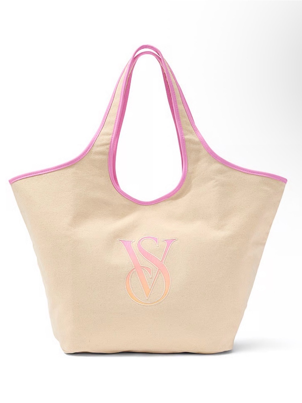 Victoria's Secret Beige Canvas Tote with Pink Trim and Ombre VS Logo